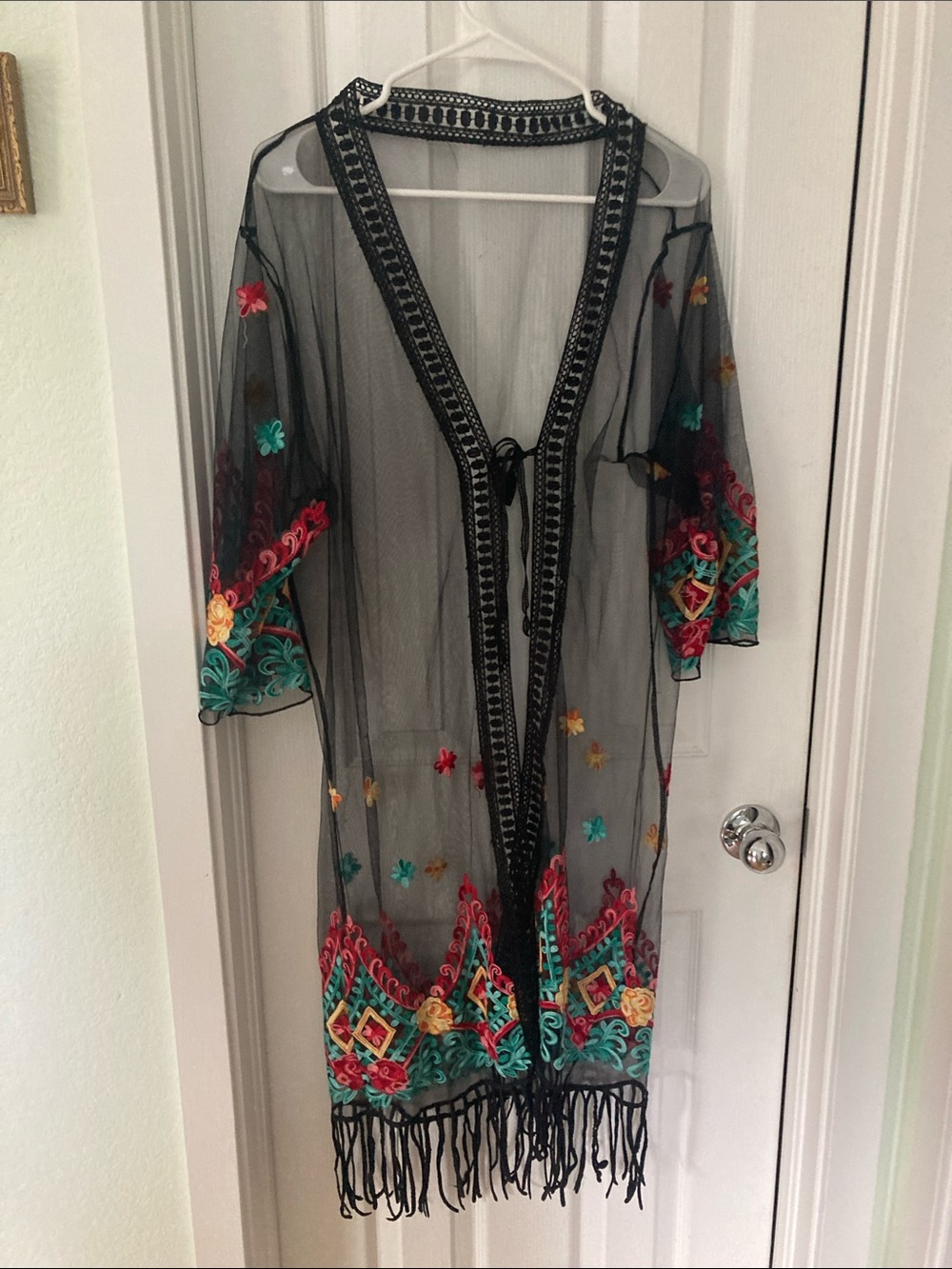 Sheer Black Embroidered Fringe Kimono Cover-Up